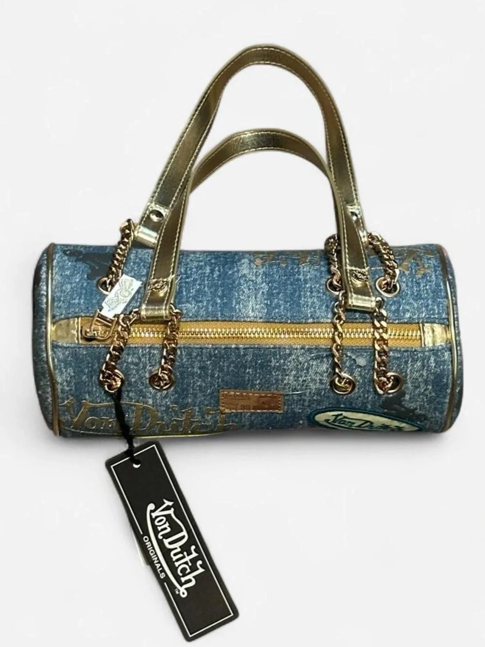 Von Dutch Blue Denim Barrel Bag with Gold Handles and Colorful Patches